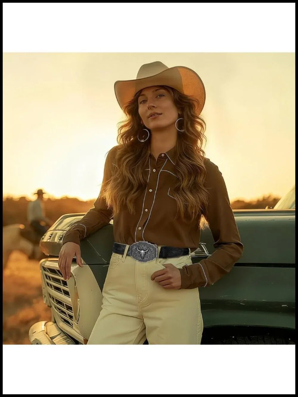 Leather Cowboy Belt for Men Women with Bull Buckle Western Rodeo Style
